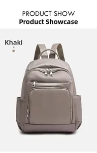 Détail du sac à dos kaki imperméable avec design multi-poches et texture en nylon robuste