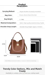 Guide des dimensions détaillé pour sac seau en similicuir marron avec spécifications de taille