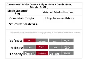 Detailed size chart and specifications for the black washed PU leather shoulder bag
