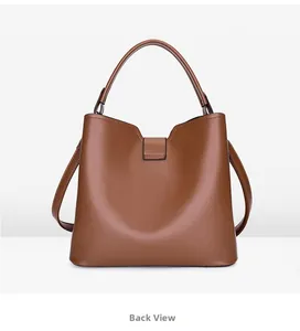 Vue arrière du sac seau en cuir marron caramel avec poignée et bandoulière réglable