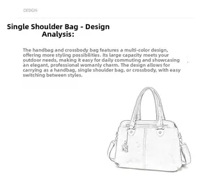 Line drawing of a large travel handbag showing versatile hand, shoulder, and crossbody use
