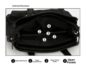 Internal view of a black lychee leather handbag showing compartments and zipper pockets