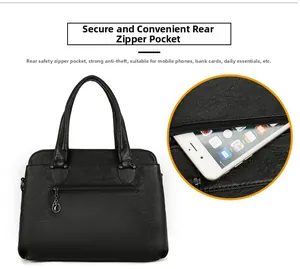 Detail of black leather handbag featuring a secure back zippered pocket for smartphones