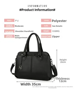 Detailed size specifications and material texture of the black PU leather handbag