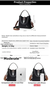 Detailed size chart for black leather bucket bag with smartphone and tablet comparison