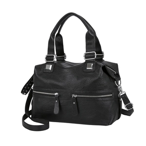 Black large capacity soft leather tote bag with dual front zippers and shoulder strap
