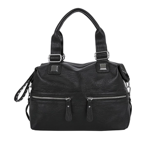 Large capacity black leather tote bag for women with silver zippers and double handles