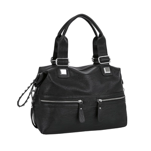 Large black soft PU leather tote bag with double front zippers and top handles