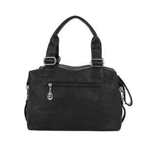 Black leather tote bag with lychee texture and silver pendant for daily commute