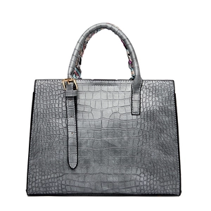Silver crocodile pattern tote bag with decorative scarf and golden hardware buckle