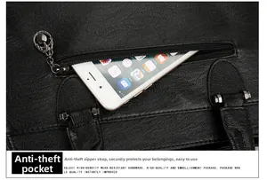 Close-up of anti-theft back zipper pocket on a black pebble leather handbag
