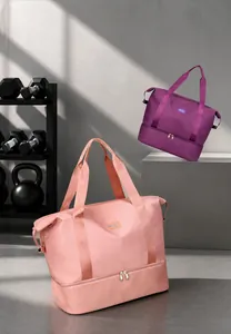 Detail of waterproof nylon fitness bag with separate wet-dry compartment and shoe storage