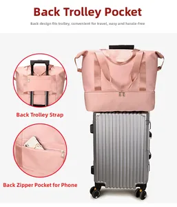 Pink travel bag detail showing back luggage sleeve and hidden phone zipper pocket