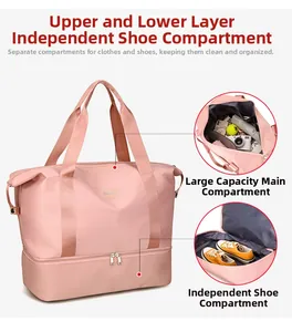 Pink travel bag detail featuring bottom shoe compartment and waterproof nylon texture