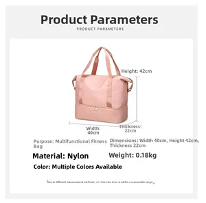 Pink nylon travel bag detail showing 40x42x22cm dimensions and ultra-lightweight structure