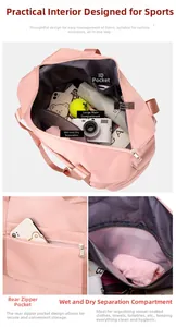 Pink travel bag detail showing wet dry separation layer and internal multi-pocket storage