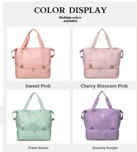 Collage of four waterproof nylon travel bags in pink, green, and purple with shoe compartments