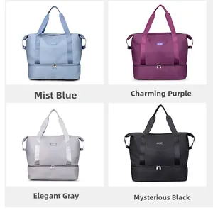 Multiple views of travel duffel bag showing dry-wet separation and four available colors