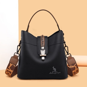 Women Textured Leather Bucket Bag Large Capacity Handbag With Wide Jacquard Shoulder Strap Elegant Casual Crossbody Bag