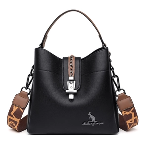 Black pebbled leather bucket bag with jacquard wide strap and metal buckle detail
