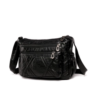 Classic black PU leather crossbody bag with multi-layer zipper pockets for women
