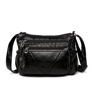 Classic black soft PU leather multi-pocket crossbody bag with adjustable strap