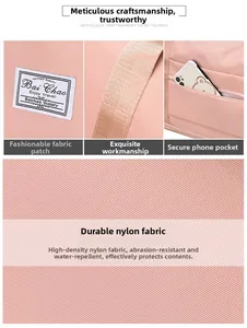 Detail of pink nylon travel bag showing durable stitching and water-resistant fabric