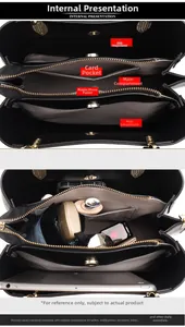 Detail view of black leather handbag featuring multiple inner compartments and gold zippers