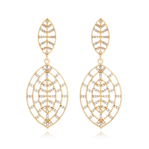 Close-up of golden hollow leaf earrings featuring sparkling rhinestone-encrusted grid details