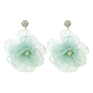 Handmade light green organza flower earrings with iridescent rhinestones and white beads
