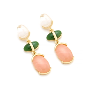 Three-tier colorful geometric resin drop earrings with white green and pink stones