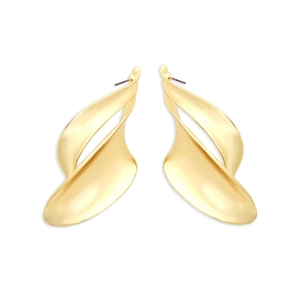 Macro detail of twisted golden leaf earrings with satin metallic finish and 3D texture