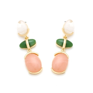 Detailed view of three-tier resin teardrop earrings with green and pink stone pendants