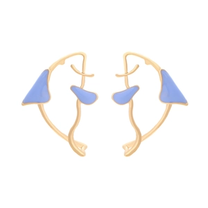 Abstract golden fish stud earrings with light blue enamel and organic geometric design