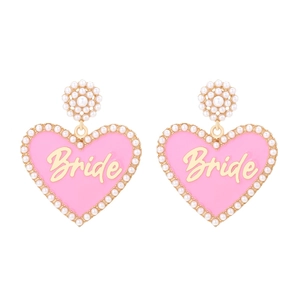 Pink heart-shaped Bride earrings with gold letters and white faux pearl borders