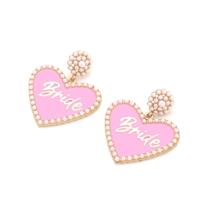 Pink enamel heart earrings with Bride lettering and faux pearl trim for weddings