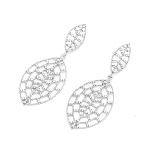 Detailed view of silver hollow leaf drop earrings featuring marquise mesh and white rhinestones