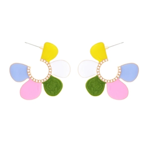 Colorful floral earrings with five petals, gold metal base, and pearl center accents