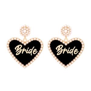 Elegant gold heart earrings with black enamel, Bride lettering and pearl borders