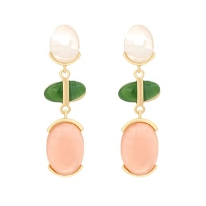 Three-tier colorful resin drop earrings with gold metal frame in pink, green, and white