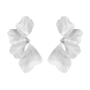 Vintage silver leaf drop earrings with multi-layered petal texture and brushed metal finish