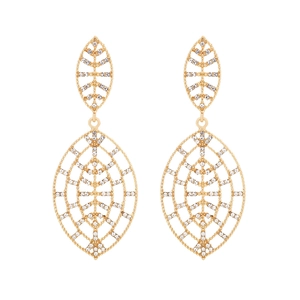 Vintage gold hollow leaf drop earrings with sparkling rhinestones in a geometric mesh design