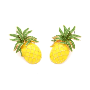 Tropical yellow pineapple stud earrings with green leaves and golden metal details