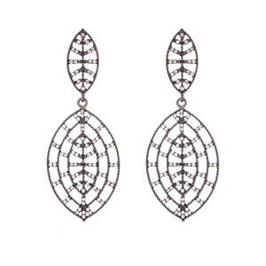 Exaggerated hollow leaf dangle earrings with sparkling rhinestones in gunmetal alloy