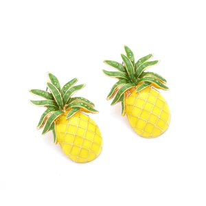 Tropical yellow pineapple stud earrings with green leaves in colorful enamel alloy