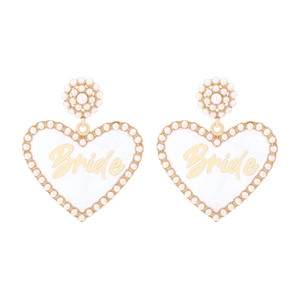 Elegant heart-shaped bride earrings with white enamel and artificial pearl inlay accents