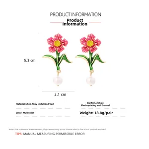 Detailed view of pink floral enamel earrings with white pearls and size dimensions