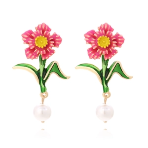 Flower Dangle Earrings Enamel Alloy Pink Floral White Imitation Artificial Pearl Pastoral Style Jewelry For Women