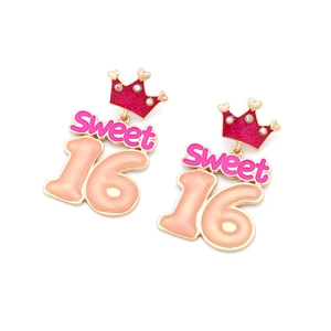 Orecchini a corona Sweet 16 con glitter rosa e placcatura in oro per compleanno donna
