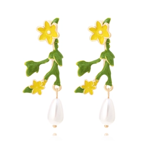 Floral Drop Earrings Enamel Flower Green Leaf Teardrop Faux Artificial Pearl Alloy Pastoral Elegant Jewelry For Women